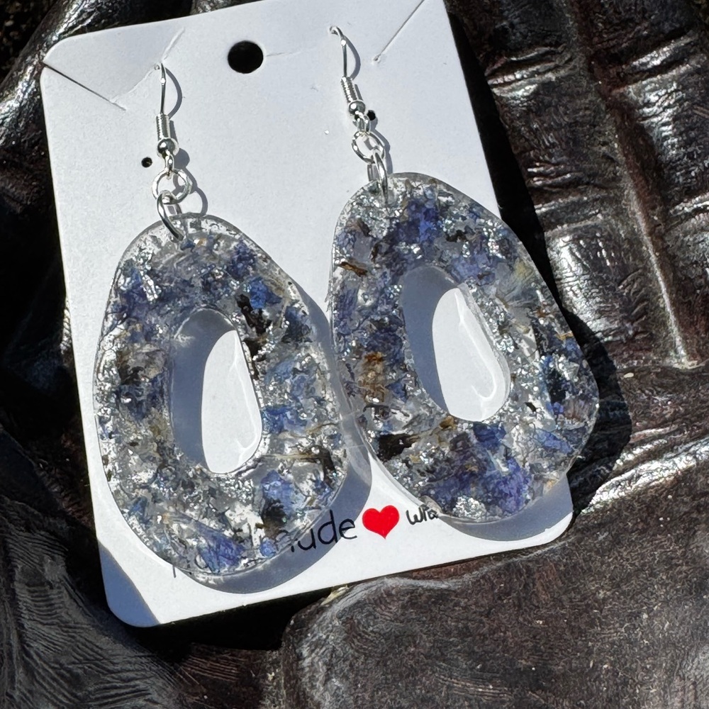Blue and Silver Flower Confetti Resin Earrings